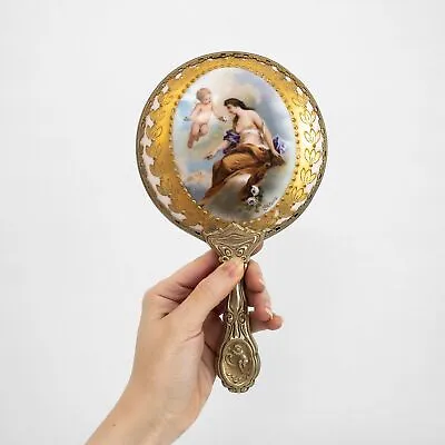 Antique Aglaia Eros Gold Gilt Porcelain Ceramic Filigree Hand Mirror Art Nouveau • $166.99
