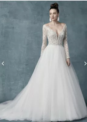 Long Sleeve V-Neckline Lace Ball Gown Wedding Dress By Maggie Sottero • $500