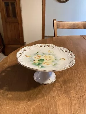 Vintage Ceramic Pedestal Serving Plate Pie Cake Stand White Yellow Floral • $28.95