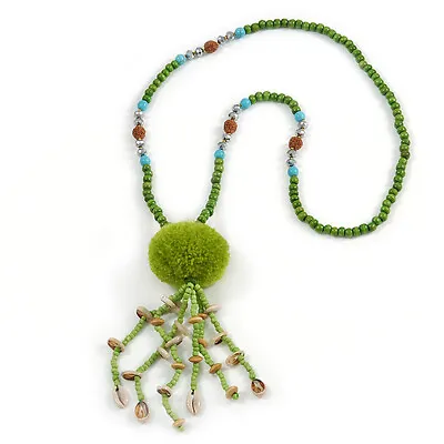 Lime Green Wood Glass Sea Shell Tree Seed Bead With Pom Pom Tassel Long • £14.90