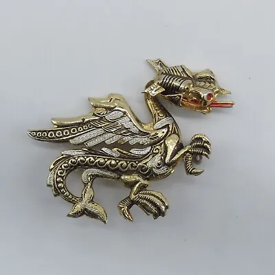 Vintage Spain Dragon Pin Brooch 1.6 X1.9  Gold Tone Black Red Silver Enamel • $19.99