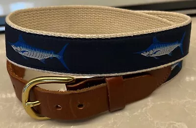 Leather Man LTD Essex CT USA Canvas Leather Marlin Fish Belt Men's Size 32 • $24.89