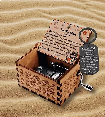 NEW “TO MY MAN” Handmade Hand Crank Wood Music Box With Keychain • $25.64