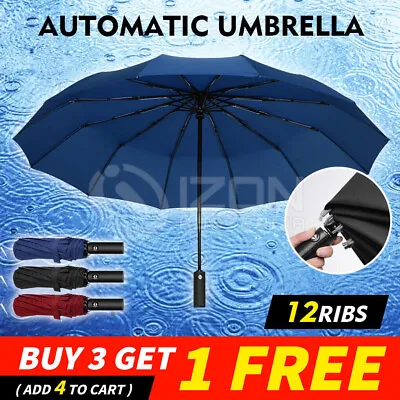 $15.87 • Buy 12Ribs Automatic Folding Umbrella Windproof Auto Open Compact With Fiberglass