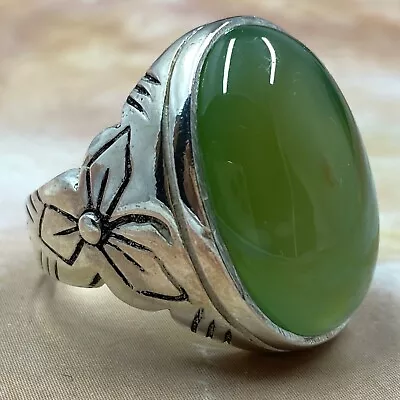 Vintage Islamic 925 Sterling Silver Men's Ring Natural Green Yemen Agate Aqeeq • $75