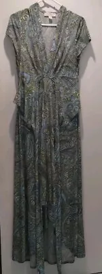 MICHAEL KORS Faux Wrap Hi-Low Maxi Dress 12 Green Blue Floral Stretch Jersey • $19.99