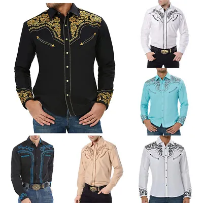 Mens Western Cowboy Shirt Long Sleeve Retro Printing Casual Buttons Down Shirt • £5.45