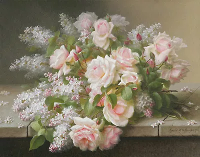 Raoul De Longpre Still Life Of Roses And Lilacs Print 11 X 14 • $25