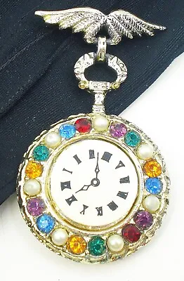 Vintage Brooch Large Pocket Clock Dangle Wings Multi Color Rhinestones 2 3/4  • $2.95