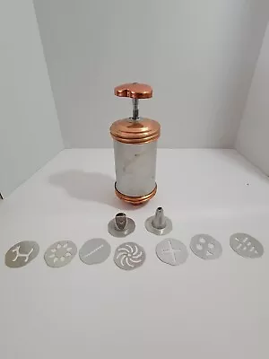 VTG Aluminum Mirro Cookie Press W/ 7 Discs 2 Decorating Tips Copper & Silver • $14.99