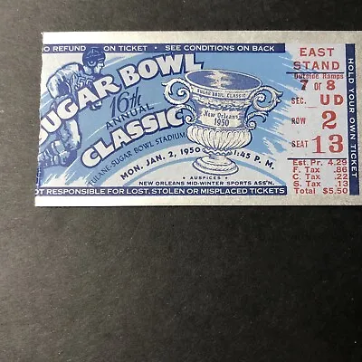 LSU Football 1950 Sugar Bowl / Blue Ticket Stub Oklahoma Sooners V LSU Tigers • $139