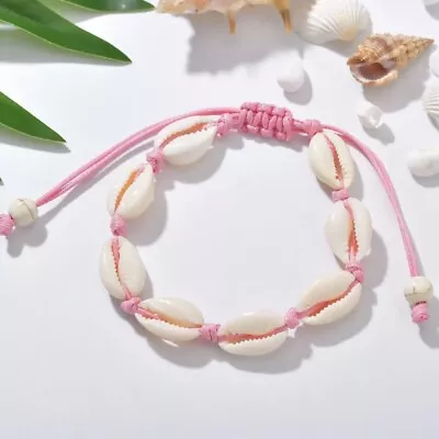 Bohemian Shell Anklet Bracelet Pink Adjustable String Handmade Leather Woven • £10