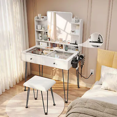 TC-HOMENY Makeup Vanity Dressing Table Desk Set With Mirror + Stool + Power Port • $156.99