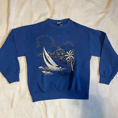 Vintage 90s Streetwear Blue Hawaii Graphic Sweatshirt Crewneck Made In USA Sz L • $21.11