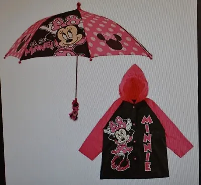 2 Piece Set Disney Minnie Mouse Kids Umbrella W Matching Rain Poncho Pink Black • $24.23