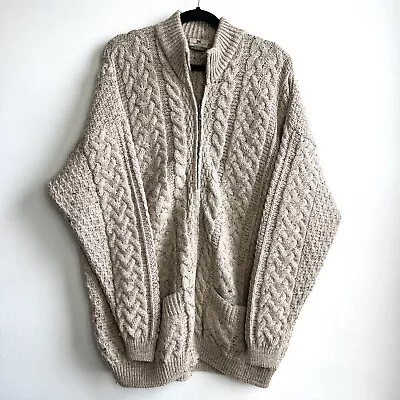 Carraig Donn Mens Irish Pure Wool Full Zip Up Cable Knit Sweater Beige Size XXL • $69.95