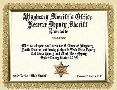 Mayberry Deputy Sheriff Certificate - Barney Fife   Andy Griffith Show • $20