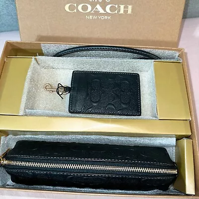 Coach Pencil Case And Id Lanyard Black Signature Leather *2 Piece Set* Boxed NWT • $148.71