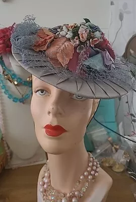 Stunning Vintage 1940’S HAT Millinery FLORALS & HAIR NETTING Blue Gray • $89.99