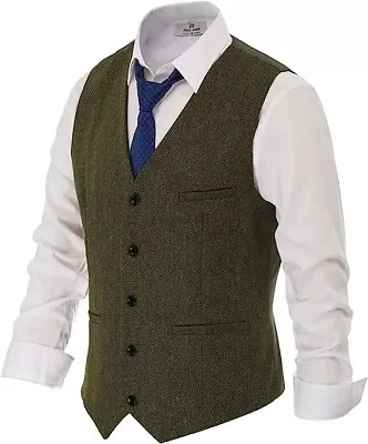 PAUL JONES Vest 3XL Army Green Herringbone Tweed Wool Blend Waistcoat PJ • $26.99