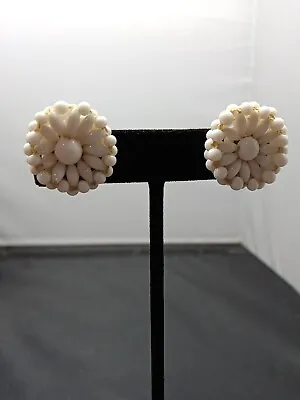 Vtg JAPAN Milk White Glass Bead Cluster Flower Button Clip On  Earrings • $27.99