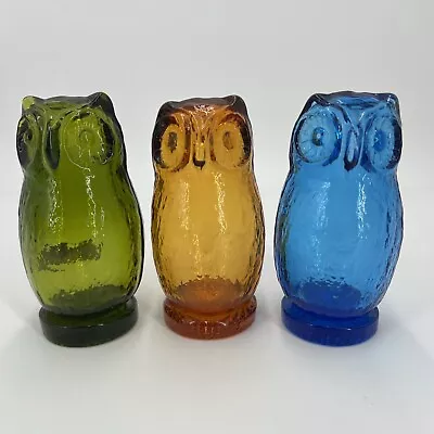 PV02189L Vintage Pilgrim Glass OWL Paperweight Lot Cobalt Amber Green - 3pcs • $48