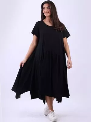 MADE IN ITALY Dress Lagenlook Swing Asymmetric Cotton BLACK To Fit Size 14 To 20 • £28.95