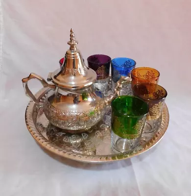 Moroccan Handmade Tea Set Traditional Moroccan Tea Glasses Set Teapot Tea Tray • $160