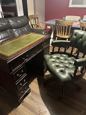 Leather Top Pedestal Desk & Chesterfield Captains Chair Green Leather Needs TLC • £300