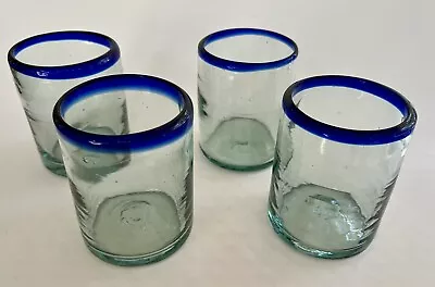 Set Of 4 Mexican Hand Blown Blue Rim Drinking Glasses 4 Inch • $27.95