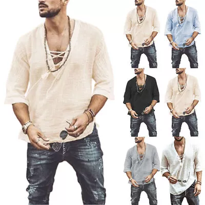 Man Beach Hippie Short Sleeve T-shirt Casual Loose V Neck Lace Up Top Tunic Tee﹏ • $22.79