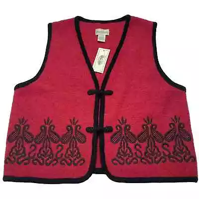 Vintage Women's Sweater Vest Large Button Front Floral Wool Red Asian Inspired • $19.99