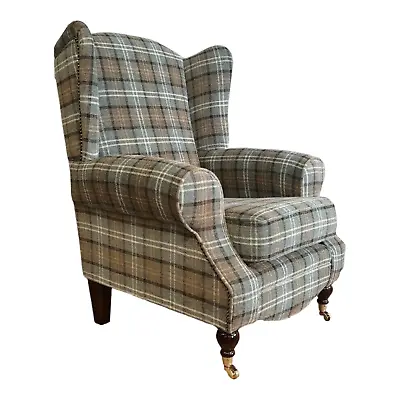 Queen Anne Wing Back Cottage Fireside Chair Lana Duck Egg Tartan Dark Wood Legs • £479