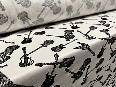 Cotton Single Jersey Fabric Per Metre - Electric Guitar Print - White & Black • £7.99