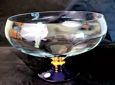 Crystal Clear Bowl Cobalt Blue/ Goldtone Pedestal 10 In- Handcrafted In Romania • $50