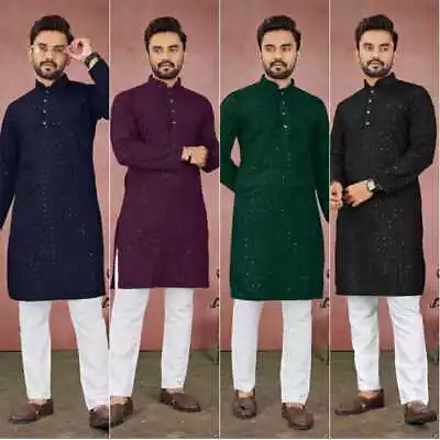 Readymade Lucknowi Chikankari Men's Kurta Men Sequence Kurta With Cotton Pajama • $46.99