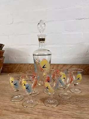 Italian Hand Painted Decanter With 8 Matching Glasses Rare Vintage Full Set • £40