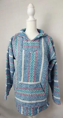 Baja Hoodie Surfer Drug Rug Pullover Mexican Pancho Unisex Size Small Blue • $15.99