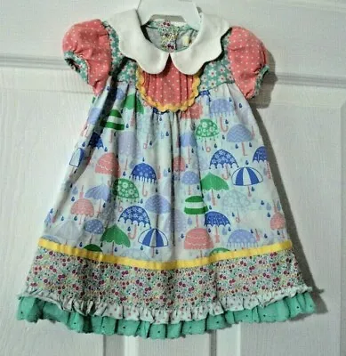 Matilda Jane Infant Dress Umbrellas Rain Drop Floral Print White Collar 12 Month • $19.99