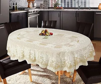 Tablecloth Rose Floral PVC Lace Vinyl Oval Table Cover 4 - 6 Seater Dining Table • $29.36