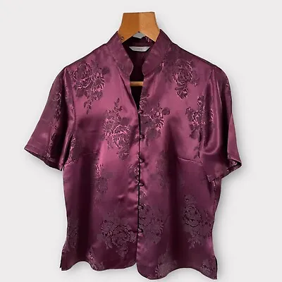 Marks & Spencer Shirt Blouse Top Sz 12 Purple Plum Damask Floral Mandarin Retro • £13.99