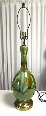 Vintage Mid Century Turquoise Olive Green Brown Ceramic Drip Glaze Lamp 32” • $149.95