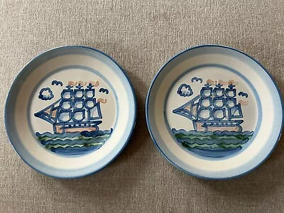 Set 2 M A Hadley Pottery Stoneware Sailing Clipper Ship Blue 11  Dinner Plates • $69.99