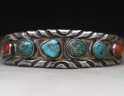 Vintage Native American Navajo Turquoise Coral Sterling Silver Cuff Bracelet • $292.50