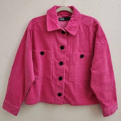 Zara Pink Corduroy Collared 2 Pocket Long Sleeve Button Up Jacket Sz L • $34.99