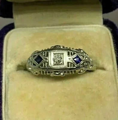 Art Deco Style Lab Created Diamond & Two-Sapphire White Gold Finish Wedding Ring • $67.90