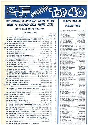 2UE Music Chart Top 40 Australia 3 April 1964 Beatles Beatlemania #1 #2 #3 #7 14 • $7.90