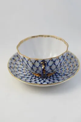 VTG Lomonosov Russian Made In USSR Porcelain Cobalt Tea Cup & Saucer Set Fishnet • $64.99