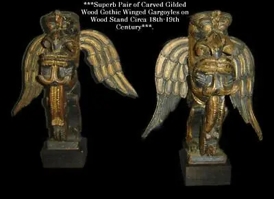 £361.26 • Buy Antique Rare Pair Of Wood Carving Polychromed Winged Gothic Gargoyles Figurines.