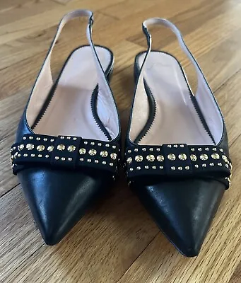 J Crew Size 10.5 Black Leather Gold Studded Grossgrain Bow  #AB523 Ballet Flats • $35.99